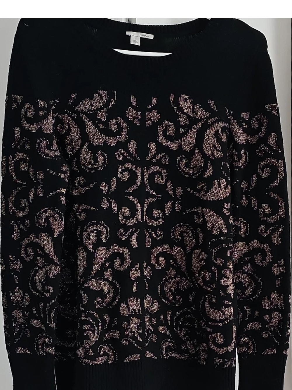 Halogen Black Sweater with Pink Metallic Jacquard Motif